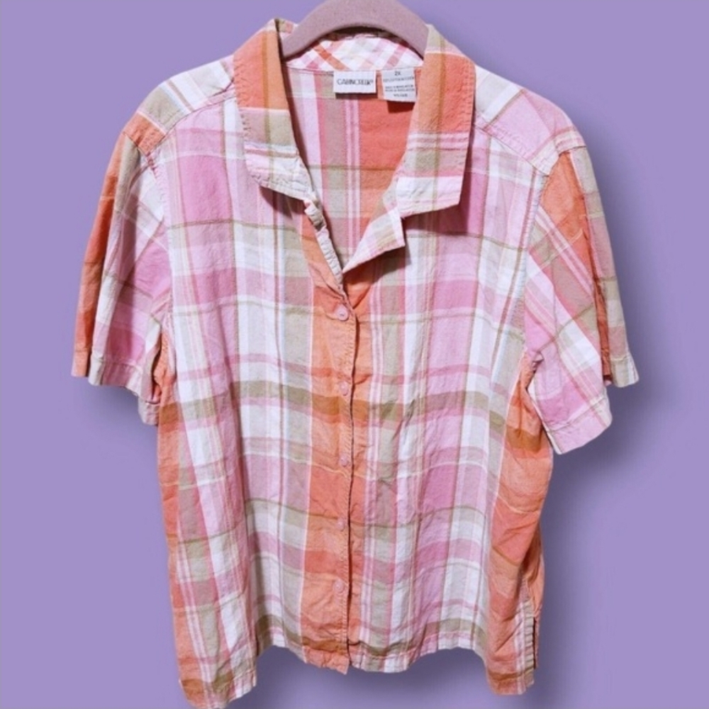 Cabin Creek Shirt Women's 2X 18 Pink Plaid cotton Seersucker short sleeve button - Picture 6 of 6